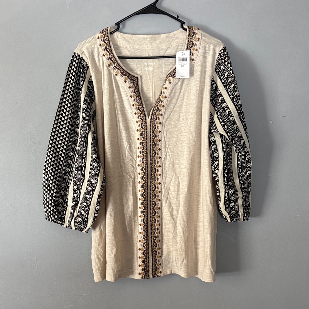 Pure Jill Elements Boho Embroidered Tunic Top Beige Black 3/4 Sleeve Women’s 2X